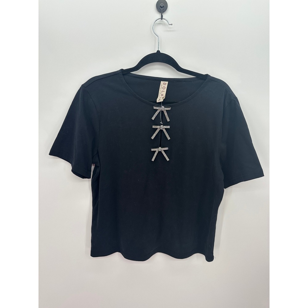 Dolan Black Rhinestone Bow Tee Coquette Balletcore Short Sleeve Top‎ M
